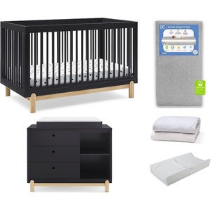 image:imageDelta Children Poppy 6Piece Baby Nursery Furniture SetIncludes Convertible Crib Dresser Changing Top Mattress Sheets amp Changing Pad Midnight Grey wNaturalMidnight GreyNatural