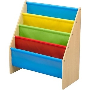 image:imageDelta Children Sling Book Rack Bookshelf 4Tier Wooden Shelf with Soft Fabric Pockets Ideal for Playroom Living Room Basement or BedroomNaturalPrimary