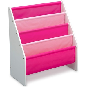 image:imageDelta Children Sling Book Rack Bookshelf 4Tier Wooden Shelf with Soft Fabric Pockets Ideal for Playroom Living Room Basement or BedroomWhitePink