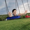 image:imageDelta Children FunZone Outdoor Metal 4Piece Swing Set  Includes 2 Swings 1 DiscSaucer Swing and Slide BlueRed