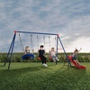 image:imageDelta Children FunZone Outdoor Metal 4Piece Swing Set  Includes 2 Swings 1 DiscSaucer Swing and Slide BlueRed