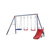 image:imageDelta Children FunZone Outdoor Metal 4Piece Swing Set  Includes 2 Swings 1 DiscSaucer Swing and Slide BlueRed