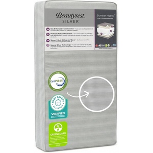 image:imageBeautyrest Silver Slumber Nights Dual Sided 2Stage Crib Mattress and Toddler Mattress  GREENGUARD Gold  Waterproof  Plant Based Soy Foam Core GreyMattress