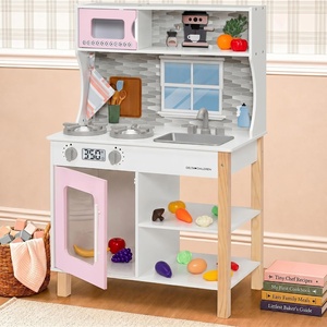 image:imageDelta Children Gourmet AllinOne Corner Play Kitchen  Toy Kitchen Playset with Safe amp Heatless Stove with Lights Oven Sink FridgeFreezer with Ice Maker and 20 Accessories NaturalWhitePink