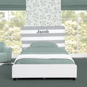 image:imageDelta Children Personalized Upholstered Twin Size Bed with Headboard Premium Wood Slat Support No Box Spring Needed Easy Assembly GreyWhite Stripe